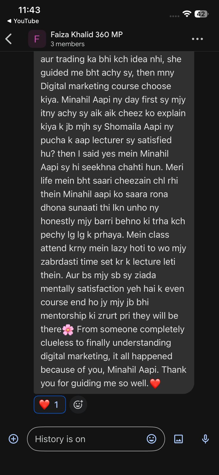 Screenshot of a message from Faiza Khalid