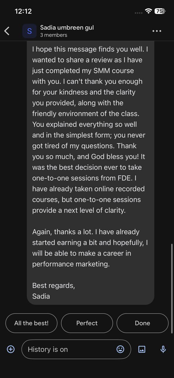 Screenshot of a message from Sadia Umbreen