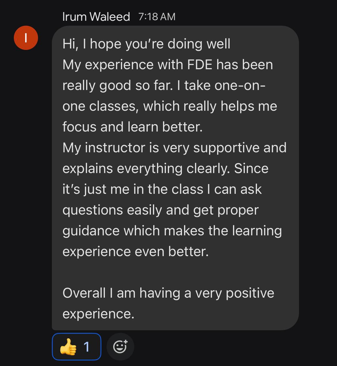 Screenshot of a message from Irum Waleed
