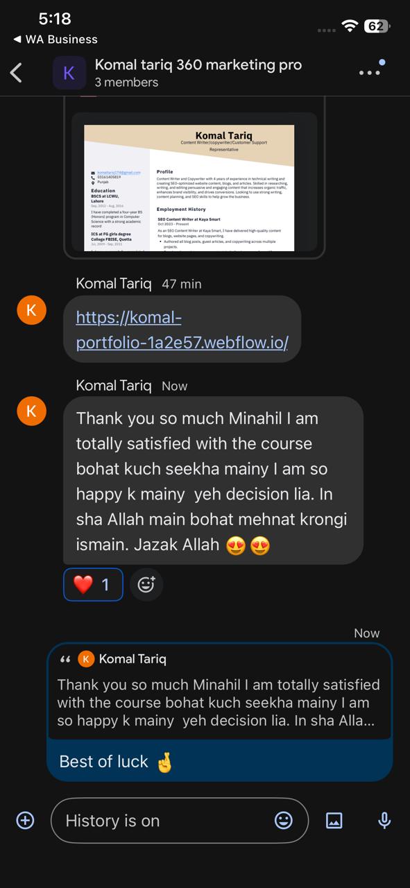 Screenshot of a message from Komal Tariq