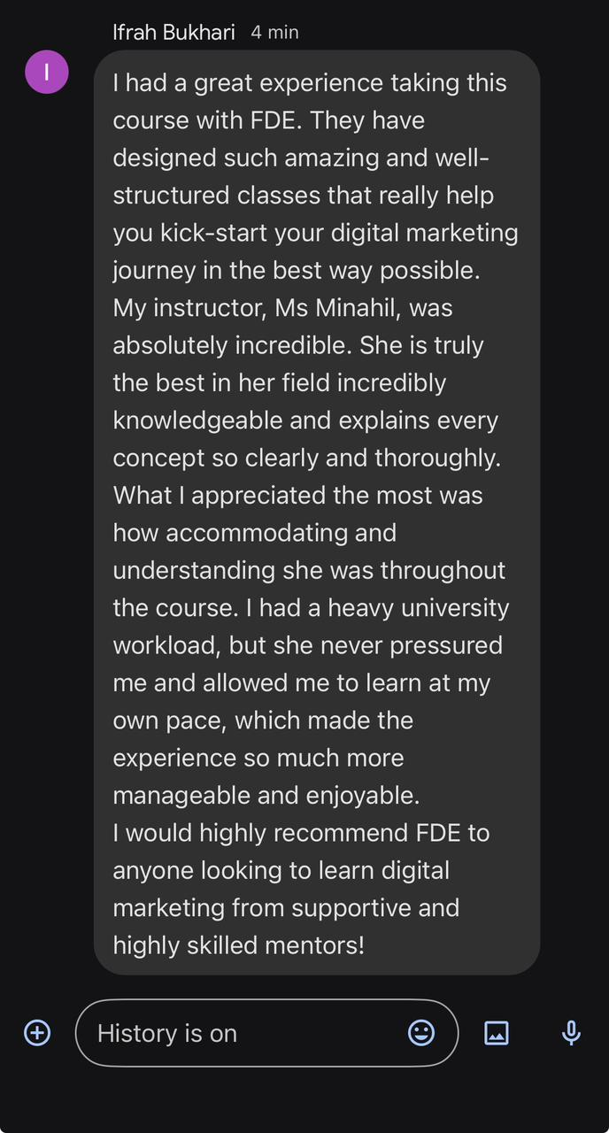 Screenshot of a message from Ifrah Bukhari